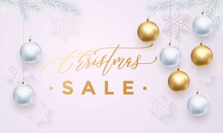 Sale banner white background for Christmas shopping sale. Gold glittering text calligraphy with snowflakes pattern. Winter design with for store or shop promo offerのイラスト素材
