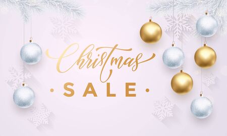 Banner Christmas Sale white background flat design. Gold glitter Text with golden glitter snowflakes pattern, balls ornaments decoration. Winter banner or poster for discount shopping storeのイラスト素材