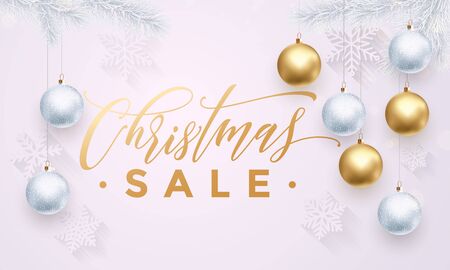 Banner Christmas Sale text white background with golden glitter balls ornaments design. Text with golden glitter snowflakes pattern, balls ornaments. Banner or poster for promo shopping storeのイラスト素材