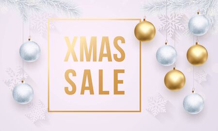 Christmas Sale gold text poster with ball ornament decorations and Xmas premium luxury white background with snowflakes pattern, gold glitter. Winter retail offer banner, poster with frameのイラスト素材