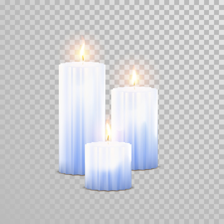 Aromatic blue glossy candles set. Vector 3D realistic isolated decorative candle sticks with burning flames on transparent background. Aromatherapy element designのイラスト素材