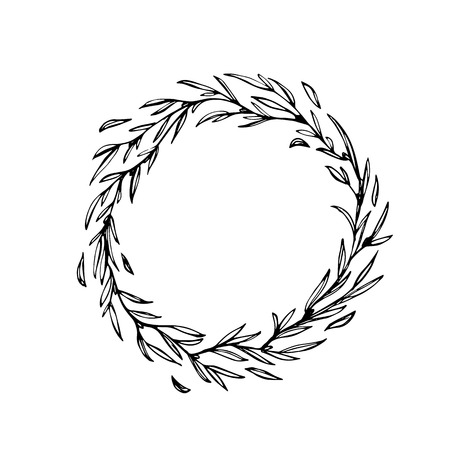 Laurel wreath decoration. Hand drawn vector Christmas garland of leaf and branches twigsのイラスト素材