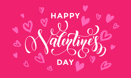 Happy Valentines Day greeting card calligraphy text with hearts pattern on pink backgroundのイラスト素材