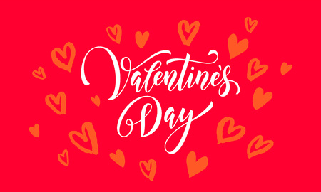 Valentines Day greeting card calligraphy text with hearts pattern on red backgroundのイラスト素材