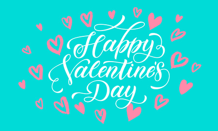 Valentines Day greeting card calligraphy text with hearts pattern on green backgroundのイラスト素材