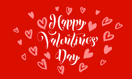 Happy Valentines Day greeting card calligraphy text with hearts pattern on red backgroundのイラスト素材