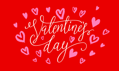 Valentines Day card with red heart pattern calligraphy text for greeting card with white font on pink background. Valentines day 14 February love vector congratulation designのイラスト素材