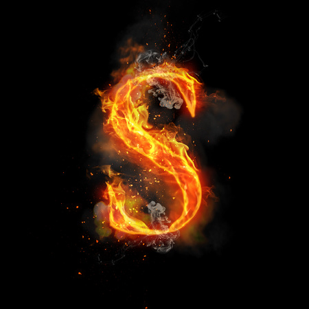 Fire letter S of burning flame. Flaming burn font or bonfire alphabet text with sizzling smoke and fiery or blazing shining heat effect. Incandescent hot red fire glow on black backgroundの写真素材