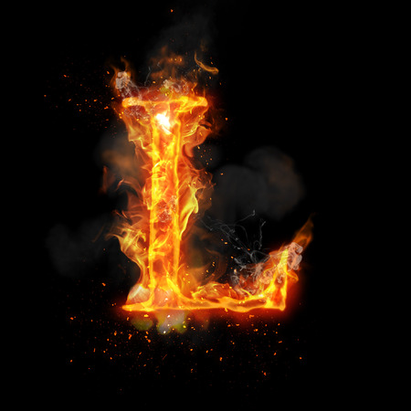 Fire letter L of burning flame. Flaming burn font or bonfire alphabet text with sizzling smoke and fiery or blazing shining heat effect. Incandescent hot red fire glow on black backgroundの写真素材