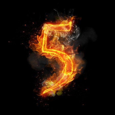 Fire number 5 five of burning flame. Flaming burn font or bonfire alphabet text with sizzling smoke and fiery or blazing shining heat effect. Incandescent hot red fire glow on black backgroundの写真素材