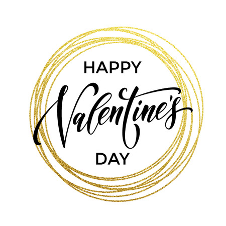Gold Valentine Day calligraphy text with vector golden wreath ring frame for luxury white greeting cardのイラスト素材