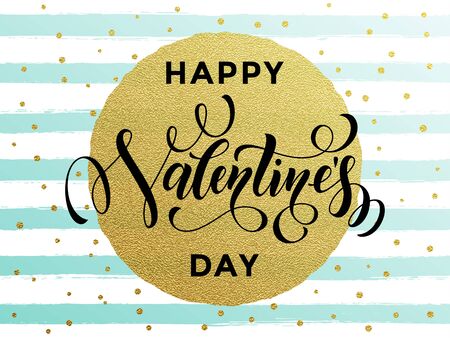 Gold Valentine Day calligraphy text with vector greeting card on white and blue watercolor stripes background with golden foil glitter dotsのイラスト素材