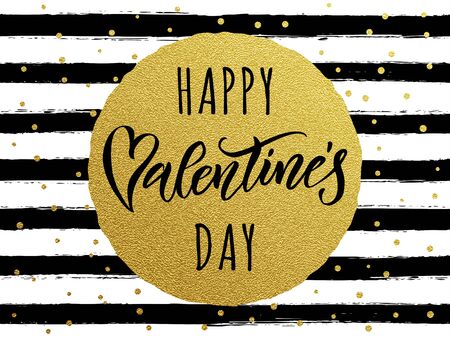 Luxury gold Valentines Day text lettering with golden metal foil circle and premium white and black stripes for greeting cardのイラスト素材
