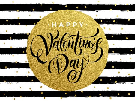 Luxury gold Valentines Day text lettering with golden metal foil circle and premium white and black stripes for greeting cardのイラスト素材