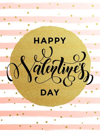 Vector gold Valentine Day text lettering on golden dots and watercolor white and pink stripes for luxurious greeting cardのイラスト素材