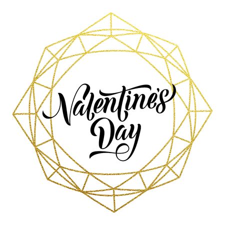 Gold Valentine Day calligraphy text on vector golden crystal glitter frame for luxury greeting cardのイラスト素材