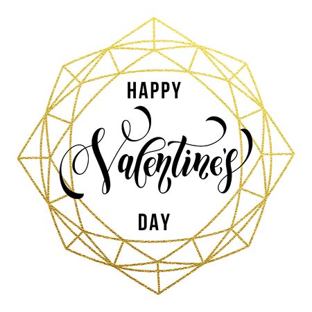 Gold Valentine Day calligraphy text on vector golden crystal glitter frame for luxury greeting cardのイラスト素材