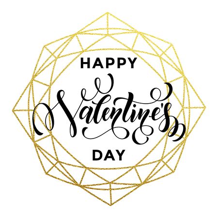 Gold Valentine Day calligraphy text on vector golden crystal glitter frame for luxury greeting cardのイラスト素材