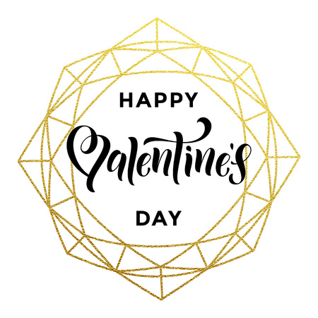 Luxury gold Valentine Day text lettering on vector golden glitter crystal frame ornament for greeting cardのイラスト素材