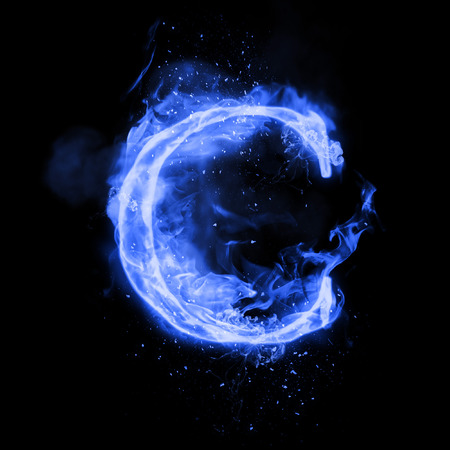 Fire letter C of burning blue flame. Flaming burn font or bonfire alphabet text with sizzling smoke and fiery or blazing shining heat effect. Incandescent cold fire glow on black backgroundの写真素材