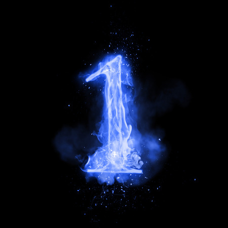 Fire number 1 one of burning blue flame. Flaming burn font or bonfire alphabet text with sizzling smoke and fiery or blazing shining heat effect. Incandescent cold fire glow on black backgroundの写真素材