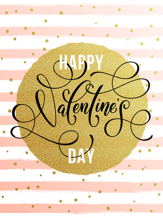 Gold Valentine Day calligraphy text on vector greeting card on white and pink watercolor stripes background with golden foil glitter dotsのイラスト素材