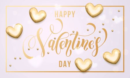 Luxury gold Valentines Day text lettering with golden metal hearts and foil border frame for premium white greeting cardのイラスト素材