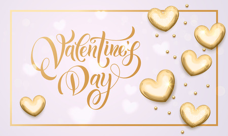 Luxury gold Valentines Day text lettering with golden metal hearts and foil border frame for premium white greeting cardのイラスト素材