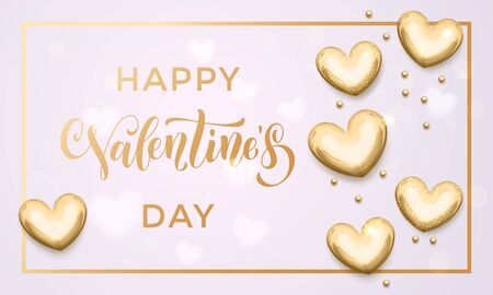 Luxury gold Valentines Day text lettering with golden metal hearts and foil border frame for premium white greeting cardのイラスト素材