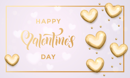 Gold Valentine Day calligraphy text with vector golden hearts and border frame for greeting card on white backgroundのイラスト素材