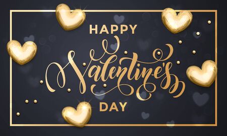 Gold Valentine Day calligraphy text with vector golden hearts and border frame for greeting card on black backgroundのイラスト素材