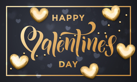 Vector gold Valentine Day text lettering with golden metal hearts and foil border frame for greeting card on black backgroundのイラスト素材