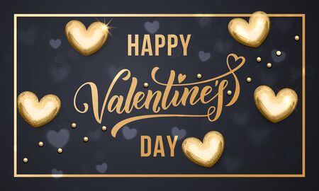 Gold Valentine Day calligraphy text with vector golden hearts and border frame for greeting card on black backgroundのイラスト素材