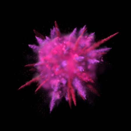 Color powder dust explosion. Purple red paint coloured explode