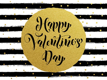 Gold Valentine Day calligraphy text with vector greeting card on white and black watercolor stripes background with golden foil glitter dotsのイラスト素材