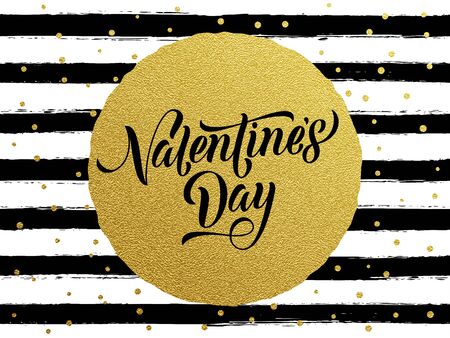 Luxury gold Valentines Day text lettering with golden metal foil circle and premium white and black stripes for greeting cardのイラスト素材