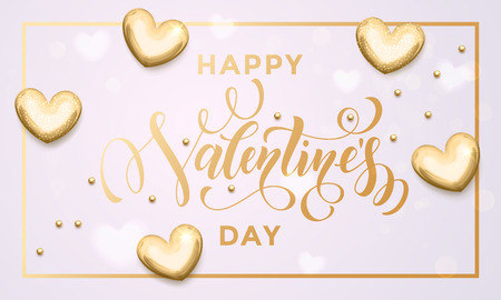Gold Valentine Day calligraphy text with vector golden hearts and border frame for greeting card on white backgroundのイラスト素材