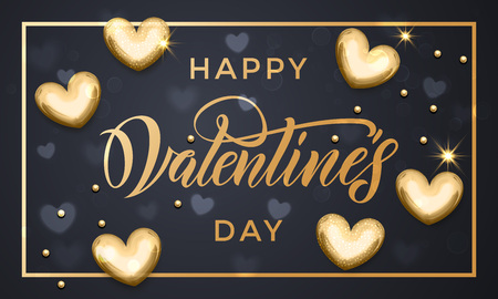 Vector gold Valentine Day text lettering with golden metal hearts and foil border frame for greeting card on black backgroundのイラスト素材