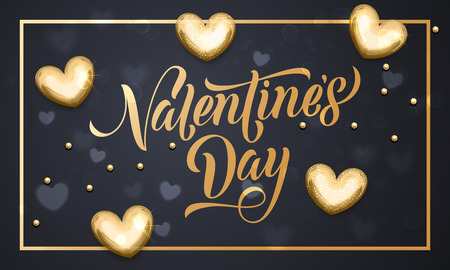 Luxury gold Valentines Day text lettering with golden metal hearts and foil border frame for premium black greeting cardのイラスト素材