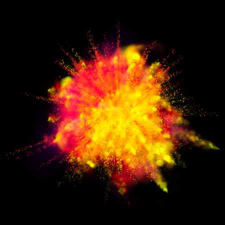 Color powder dust explosion isolated on black background. Red and yellow fire paint coloured explode for Holi Festival Indian Holidayの写真素材