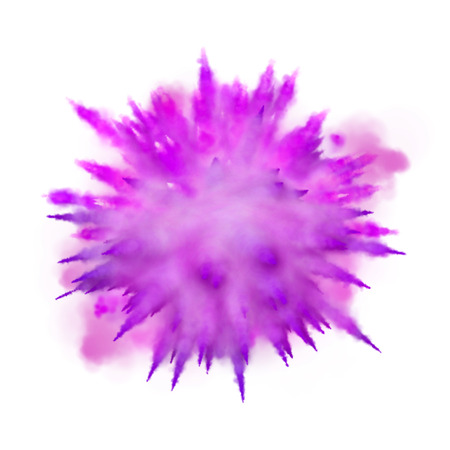 Color powder dust explosion isolated on white background. Purple paint coloured explode for Holi Festival Indian Holidayの写真素材