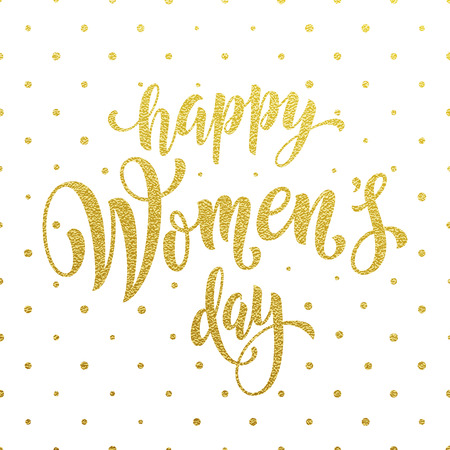 Women Day gold glitter greeting card and text lettering. Golden pattern on luxury white background for 8 March Woman holidayのイラスト素材