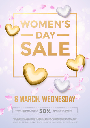Women Day sale gold glitter poster and text lettering. Golden pattern on luxury white background for 8 March Woman holiday discountのイラスト素材