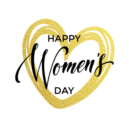 Women Day gold glitter heart and text for greeting card. Luxury white background for 8 March Woman holidayのイラスト素材
