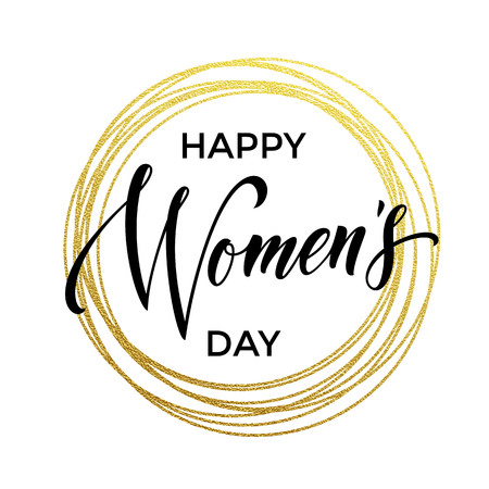 Women Day gold glitter greeting card and text lettering. Golden circle rings on luxury white background for 8 March Woman holidayのイラスト素材