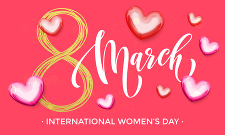 8 March Women Day gold glitter eight and pink hearts pattern. Premium text lettering for greeting cardのイラスト素材