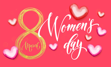 Women Day gold glitter eight and pink hearts pattern. 8 March Woman holiday premium text lettering for greeting cardのイラスト素材
