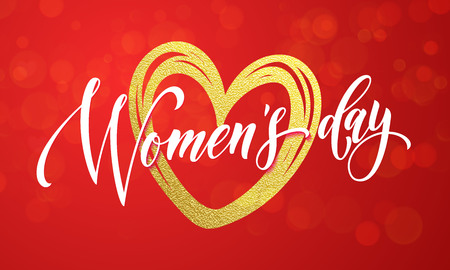 Women Day gold heart and glitter on premium luxury red background. 8 March Woman holiday text lettering for greeting cardのイラスト素材