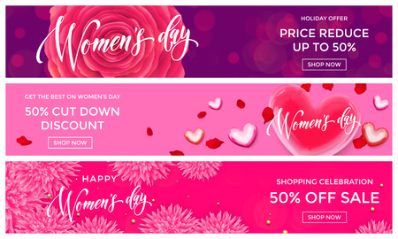 Women Day sale shopping web banner gold glitter templates. Golden hearts and flowers discount percent offer for premium luxury online shopping promo celebration on 8 Marchのイラスト素材