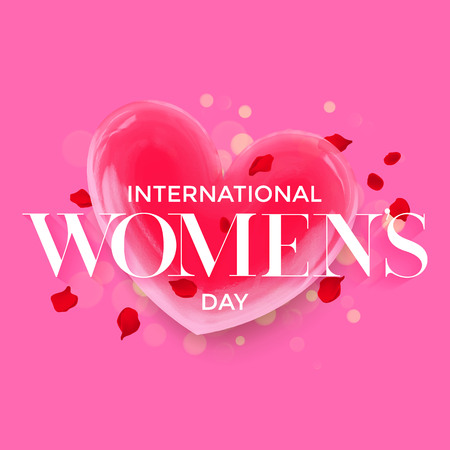 Women Day 3d heart greeting card of flower petal blossom. Text lettering for 8 March Woman holiday backgroundのイラスト素材